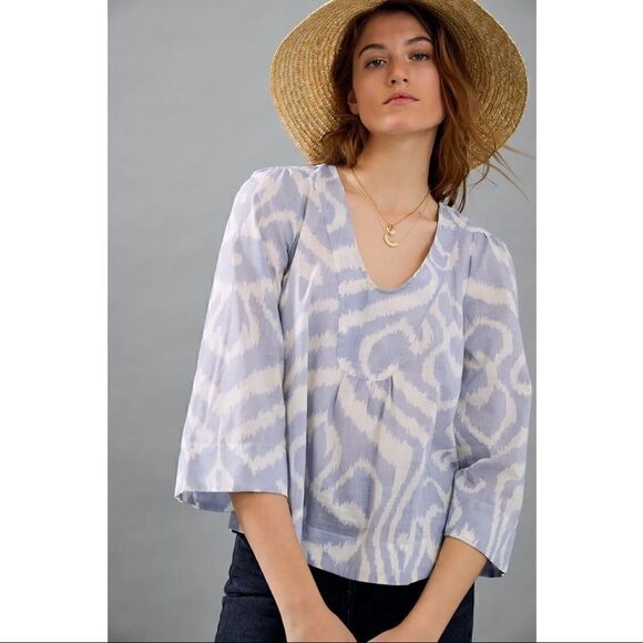 NEW Anthropologie Laverne Ikat Bell Sleeved V-Neck Cotton Blouse Large Petite - Picture 2 of 3